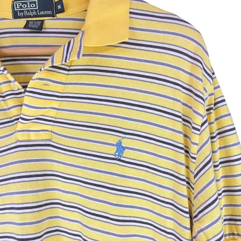POLO RALPH LAUREN Striped Classic Polo Shirt Pony Logo Size M Yellow Blue Gray